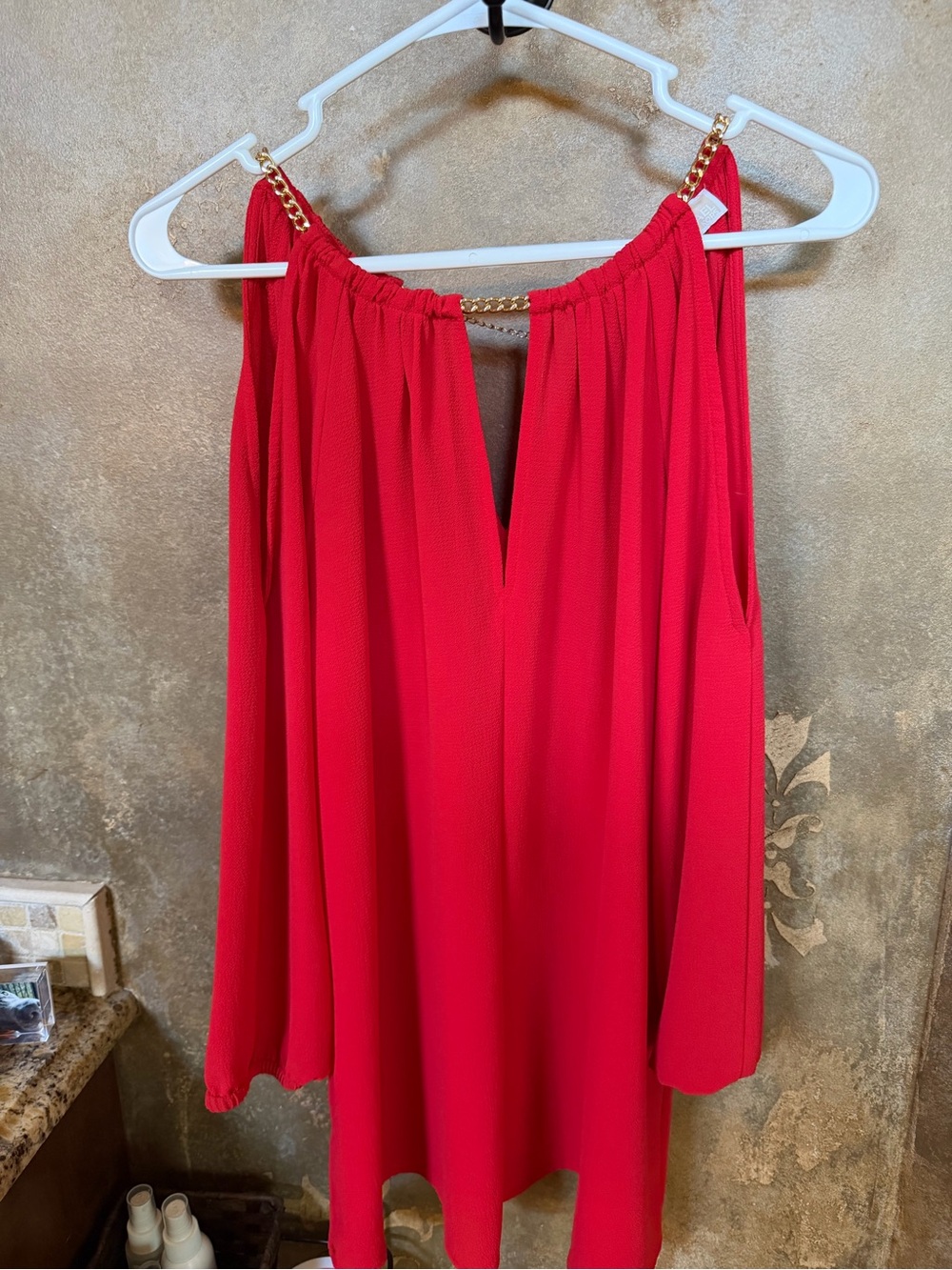 MICHAEL Michael Kors Red Cold-Shoulder Tunic with Gold Chain Straps